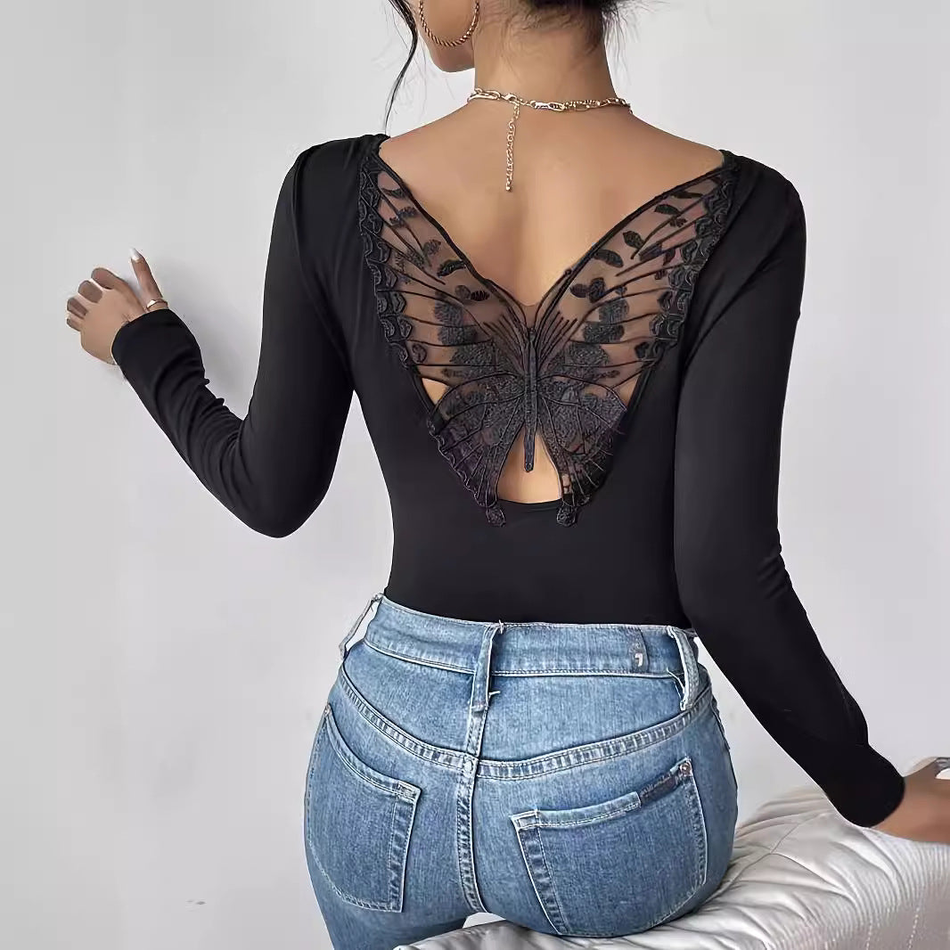 Women's fitted long-sleeve top with low back opening and embroidered butterfly lace insert Mune Fashion