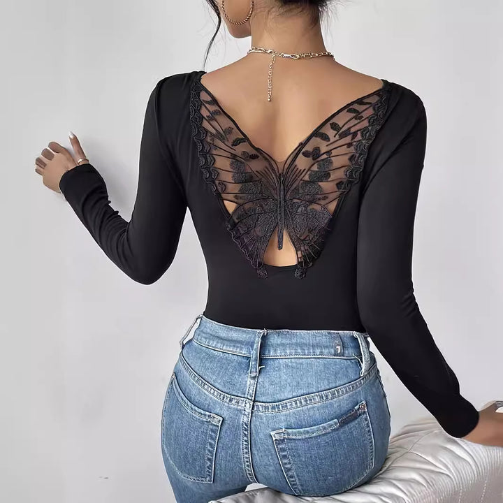 Women's fitted long-sleeve top with low back opening and embroidered butterfly lace insert Mune Fashion