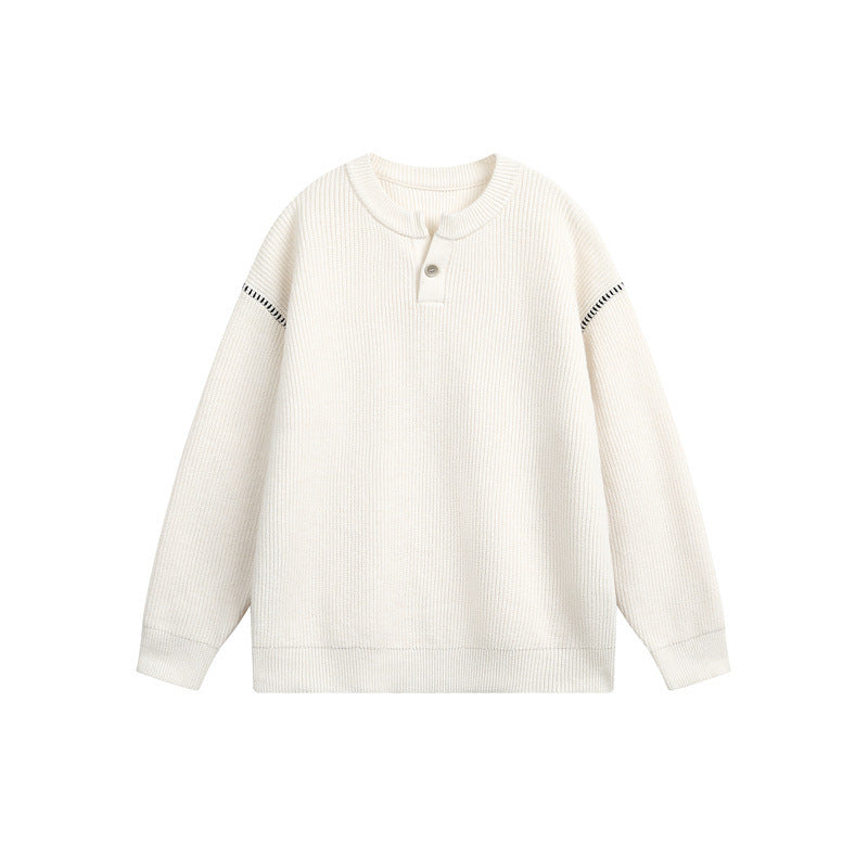 Unisex chunky knit henley pullover with button placket and drop shoulder drape