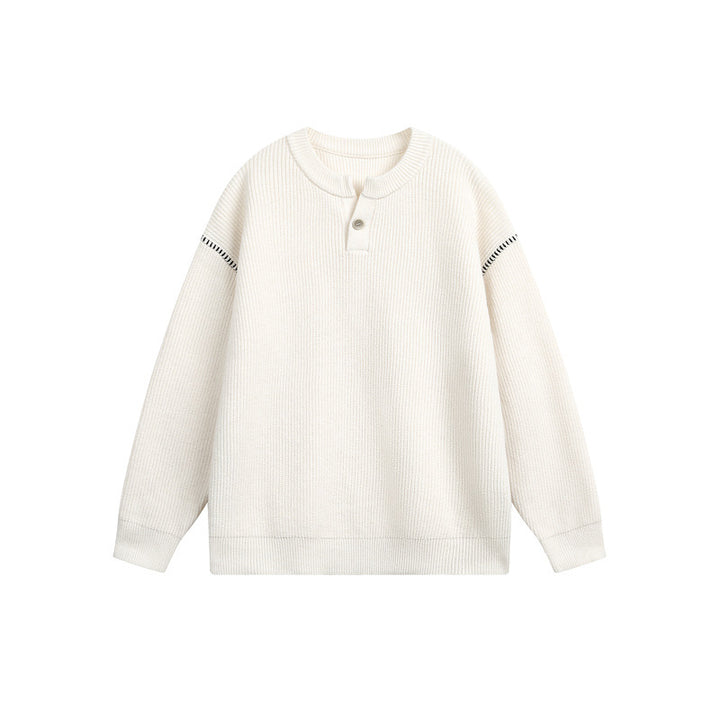 Unisex chunky knit henley pullover with button placket and drop shoulder drape