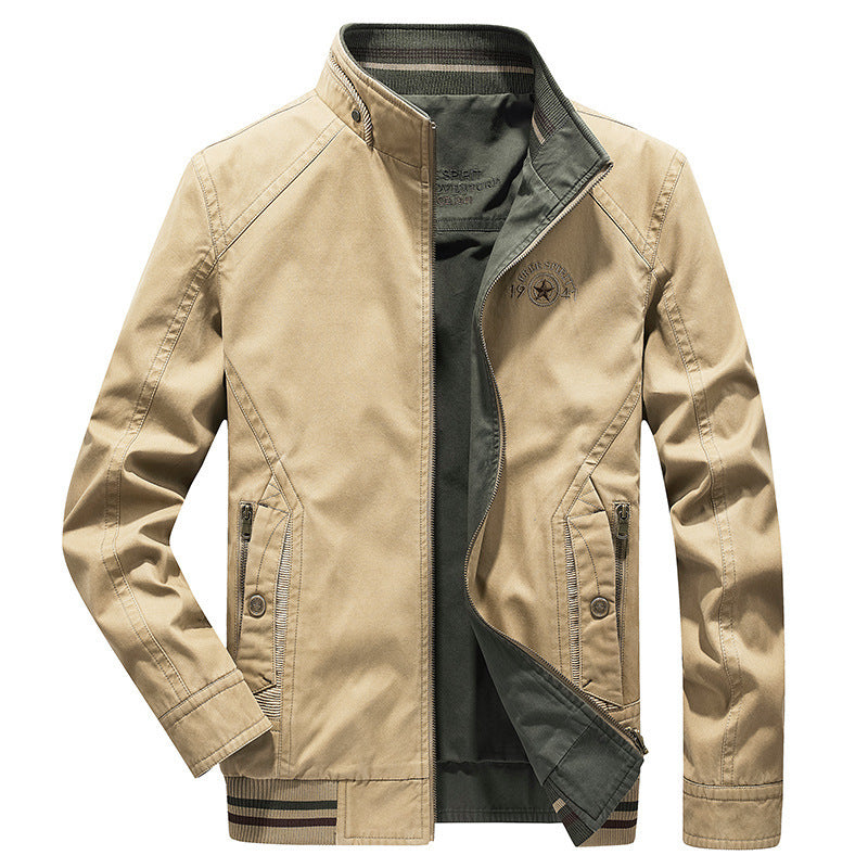 Men's lightweight canvas transitional jacket with stand-up collar, zipper, and ribbed hem Mune Fashion