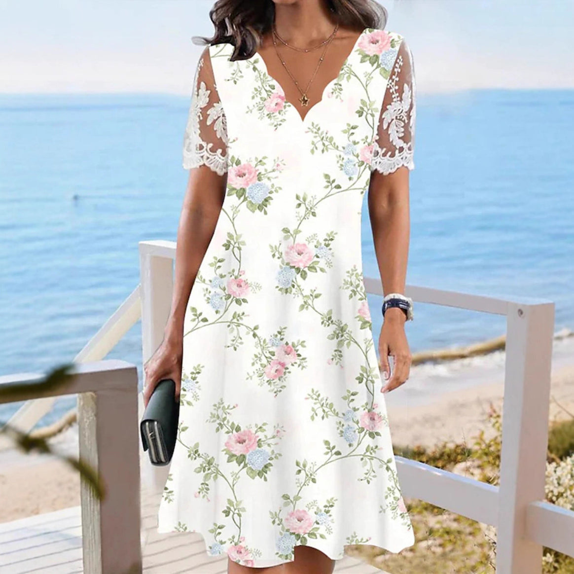 Women's A-line midi dress with wavy V-neck, all-over floral pattern and transparent lace sleeves Mune Fashion