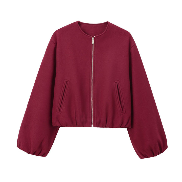 Women's Short Wool Blend Bomber with Round Neck, Zipper and Elastic Hem Mune Fashion