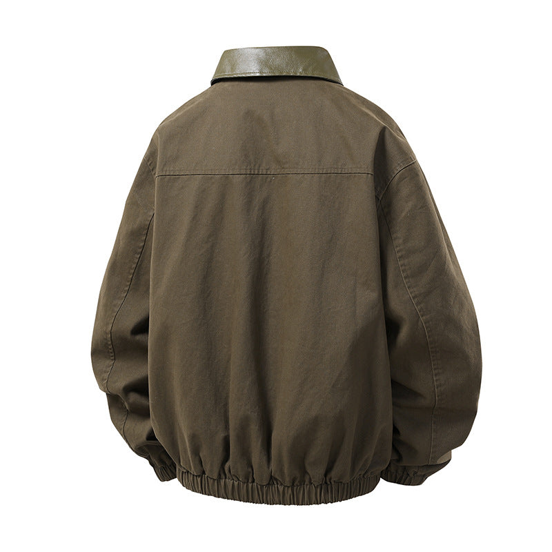 Men's Boxy Coach Jacket in minimalist layering style with contrasting faux leather collar, snap button closure & elastic hem Mune Fashion