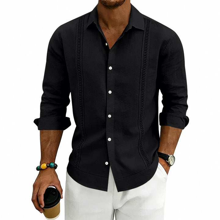 Men's Lightweight Cotton Long Sleeve Shirt with Decorative Stitches and Kent Collar Mune Fashion
