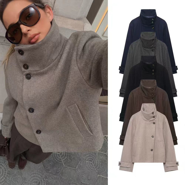 Women's Cropped Wool Blend Short Jacket with High Stand Collar, Asymmetric Button Placket and Cuffed Sleeves Mune Fashion