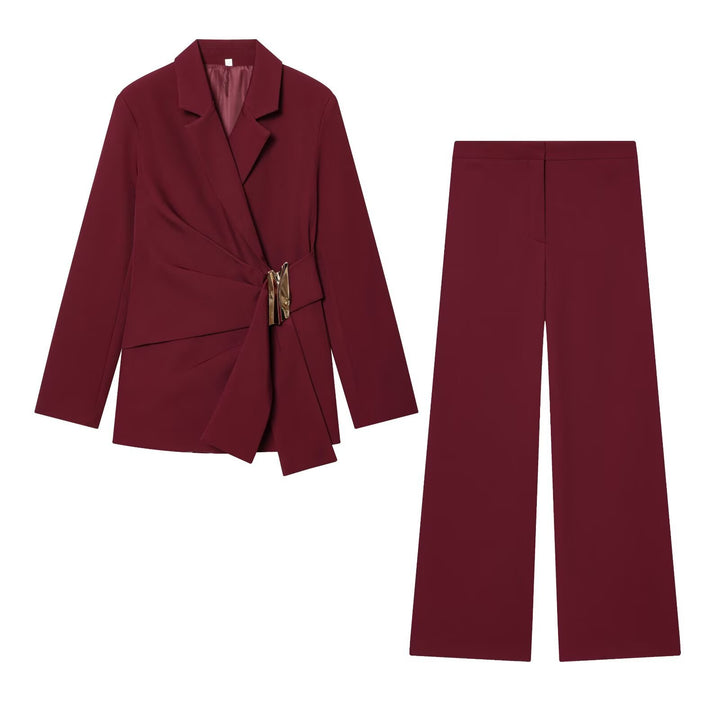 Women's Two-Piece Wrap Blazer and Palazzo Suit Set with Decorative Belt Mune Fashion