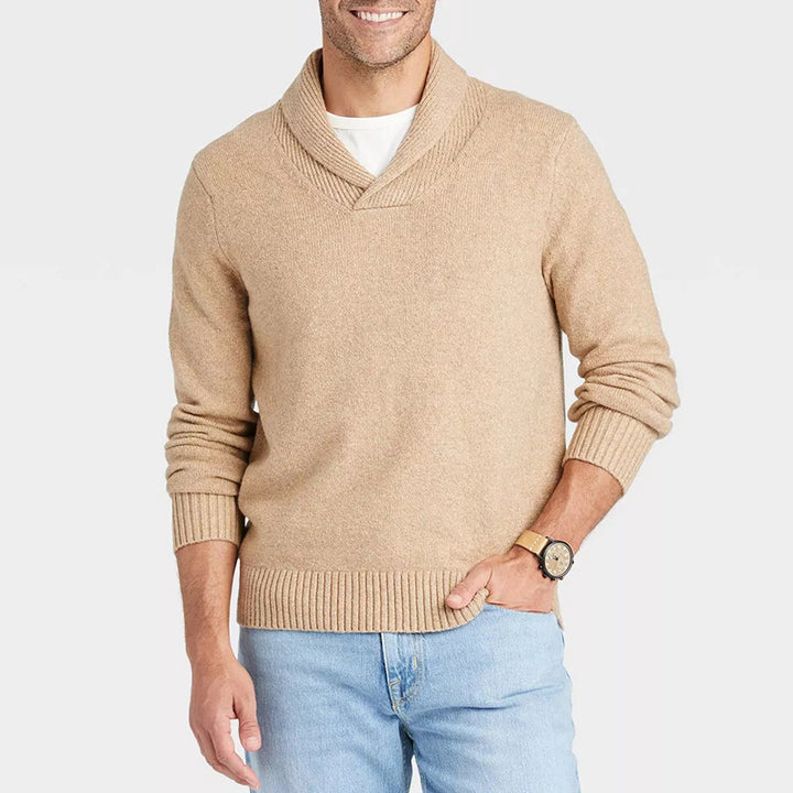 Men's shawl collar sweater made of mottled fine knit with ribbed cuffs Mune Fashion