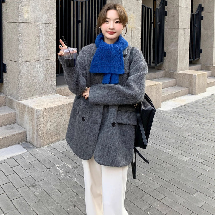 Women Chunky Knit Wool Blend Long Coat with Oversized Silhouette and Double-Breasted Button Placket Mune Fashion