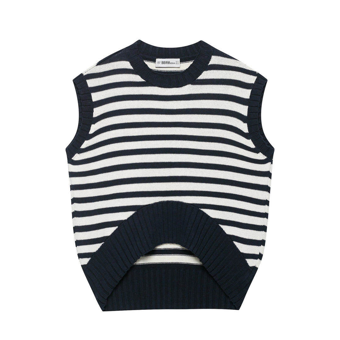 Women's Striped Knit Vest with Round Neck and Wide Ribbed Cuff Mune Fashion