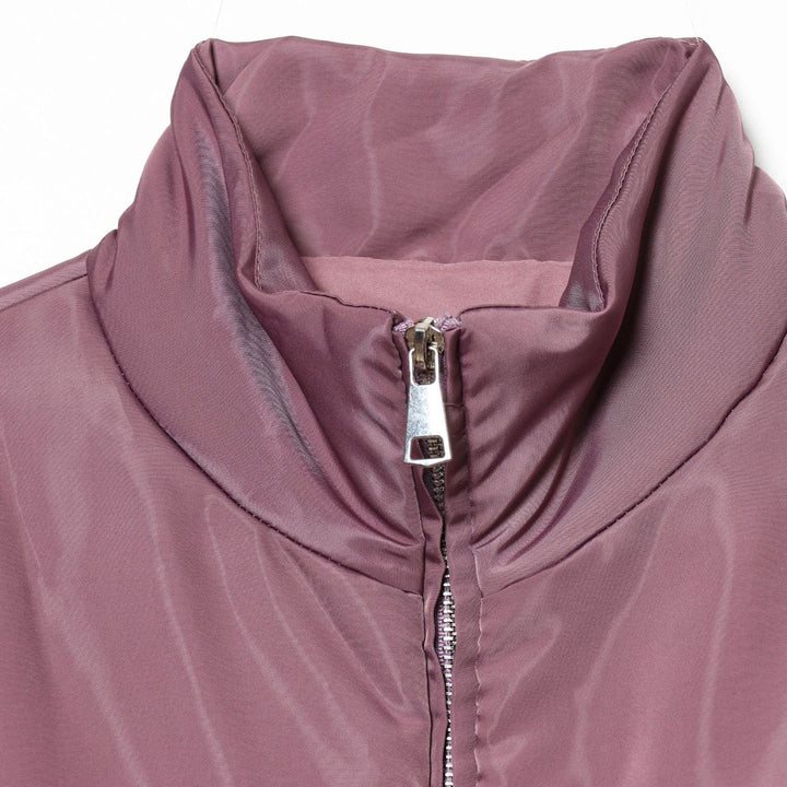 Women Cropped Padded Satin Jacket with High Stand Collar and Waist Smocking Mune Fashion