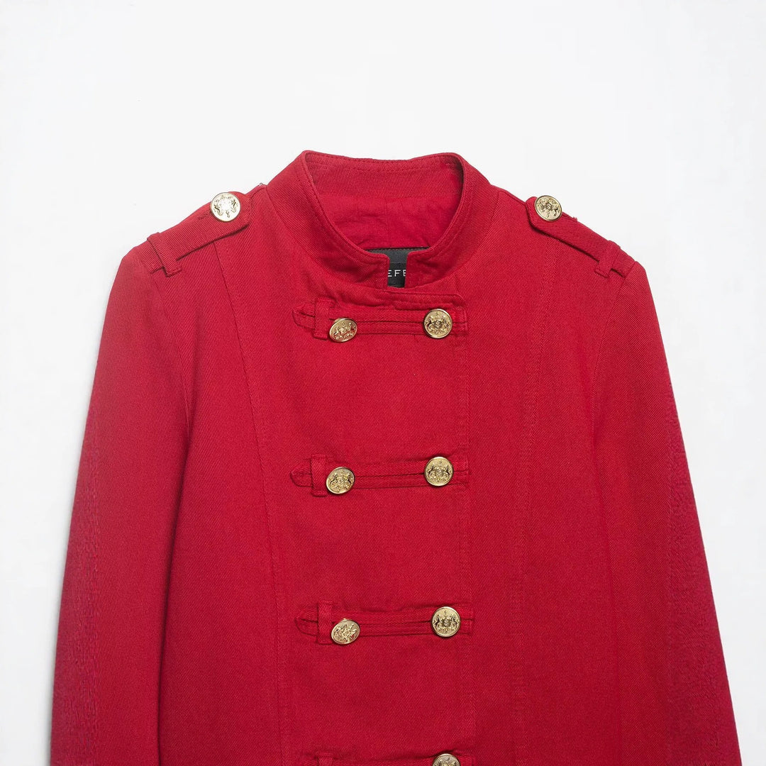 Women Cropped Military Jacket in Sailor Style with Golden Decorative Straps and Stand-Up Collar Mune Fashion