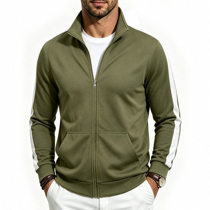 Men's Retro Track Jacket with Stand-up Collar, Contrast Stripes and Kangaroo Pocket Mune Fashion