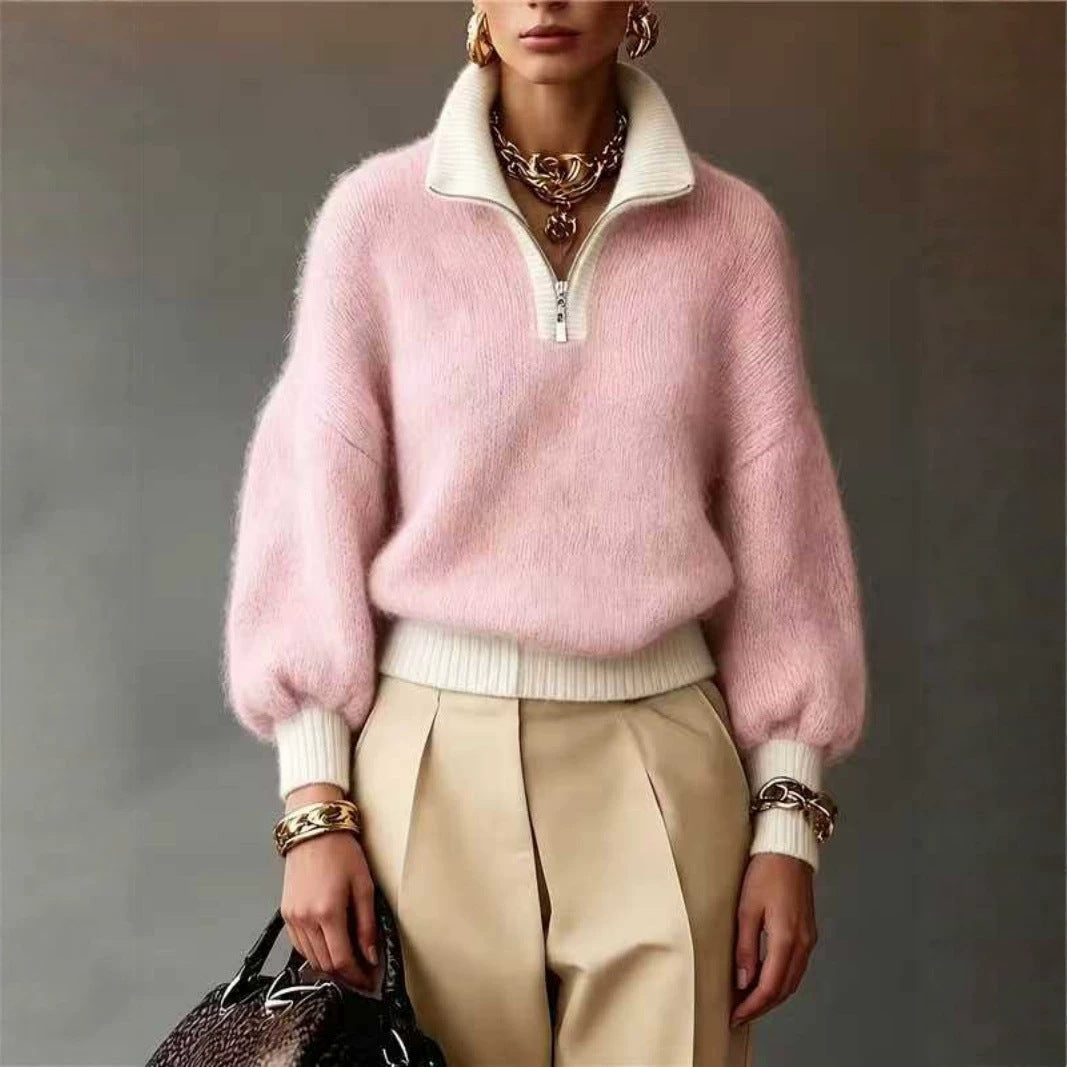 Women's Fluffy Sweater with Half Zipper, Stand Collar and Balloon Sleeves Mune Fashion