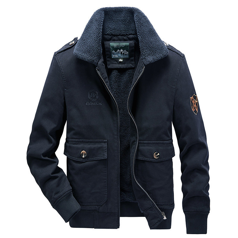 Men's short pilot-style jacket with Sherpa collar, patch pockets, and zipper Mune Fashion