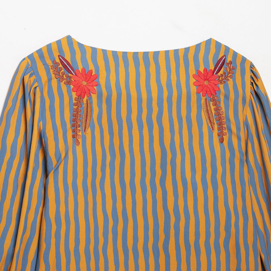 Women's Striped Cropped Blouse with Floral Embroidery Mune Fashion