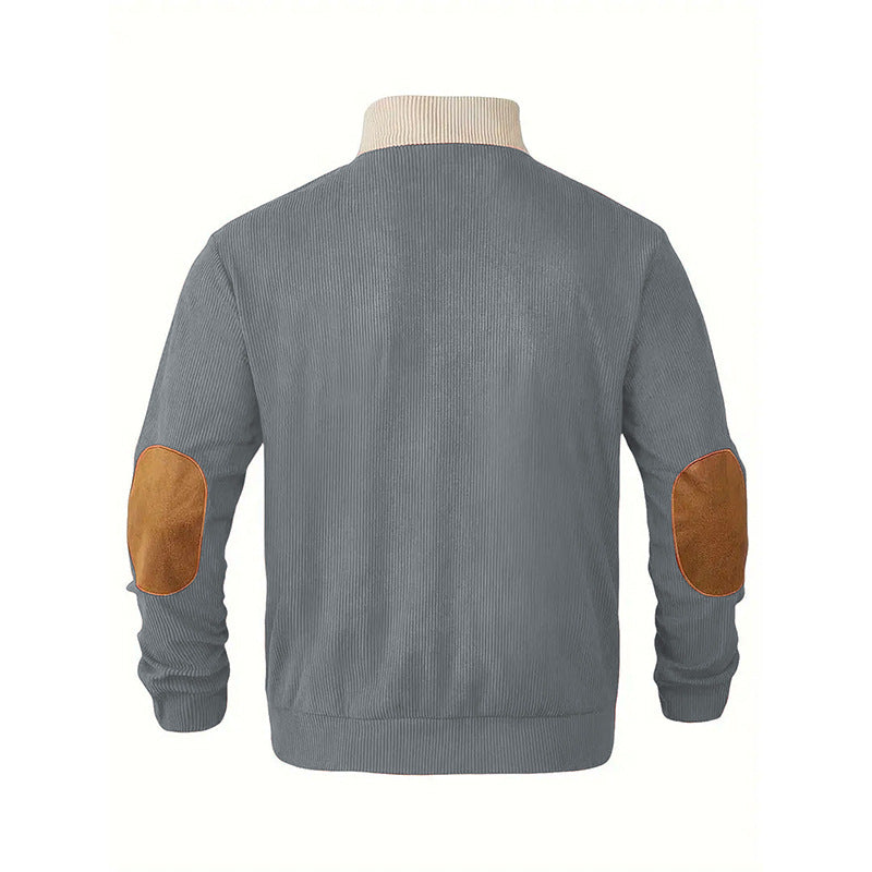 Men's Structured Half-Button Sweater with Stand Collar, Ribbed Texture and Elbow Patches Mune Fashion