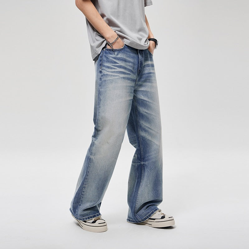 Men's Loose Baggy Jeans in Vintage Wash with Low Rise & Faded Creases Mune Fashion