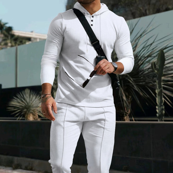 Men's fitted hooded button placket set made of textured stretch jersey with slim chino jogger Mune Fashion
