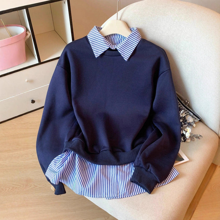 Women sweatshirt with integrated shirt collar and peplum detail Mune Fashion