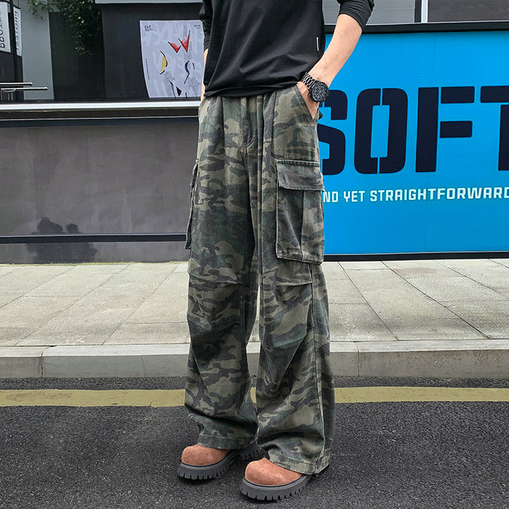 Men's Loose Camouflage Cargo Pants with Drop Crotch, Multi-Pockets and Elastic Waistband Mune Fashion