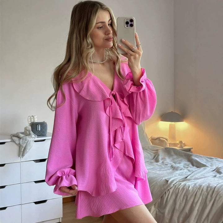 Women's Playful Ruffle Set made of lightweight Crepe Quality with Tie Blouse and A-Line Mini Skirt Mune Fashion