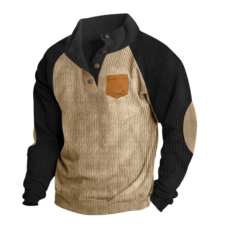 Men's Ribbed Henley Sweater with Raglan Sleeves, Elbow Patches & Chest Pocket Mune Fashion