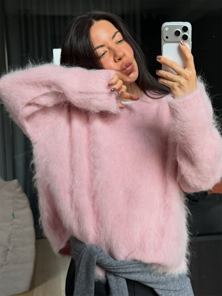 Women's Oversized Mohair Sweater with Fluffy Texture and Round Neckline Mune Fashion