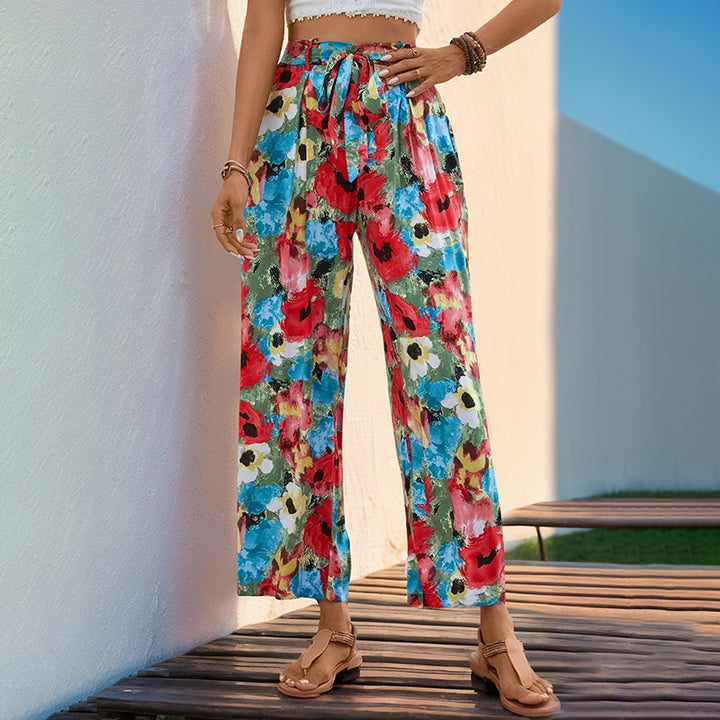 Women's Lightweight High-Waist Marlene Trousers with Floral Watercolor Print, Wide Leg & Tied Belt Mune Fashion