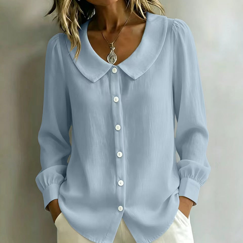 Women Loose Fit Blouse with Round Collar, Puff Sleeves and Pearl Button Placket Mune Fashion