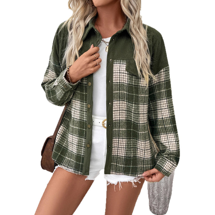 Women’s oversized check shirt jacket with corduroy collar and patch chest pockets Mune Fashion