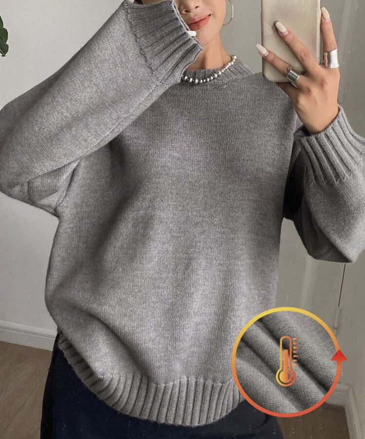 Women's Cashmere-Look Oversized Sweater with Round Neckline and Extended Ribbed Cuffs Mune Fashion