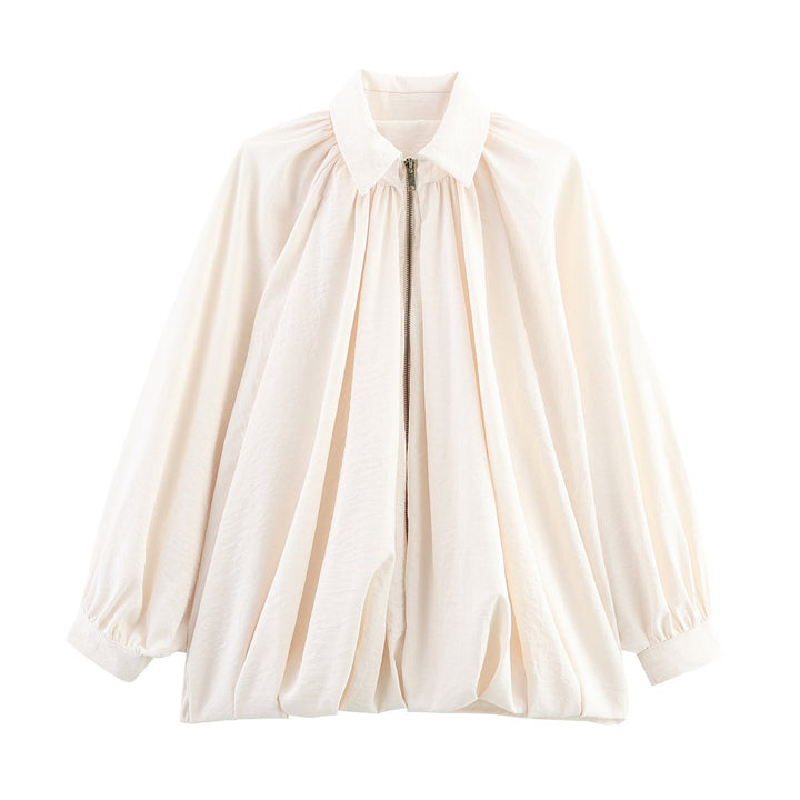 Women's Oversized Shirt Blouse with Zipper, Ruffles and Balloon Sleeves Mune Fashion