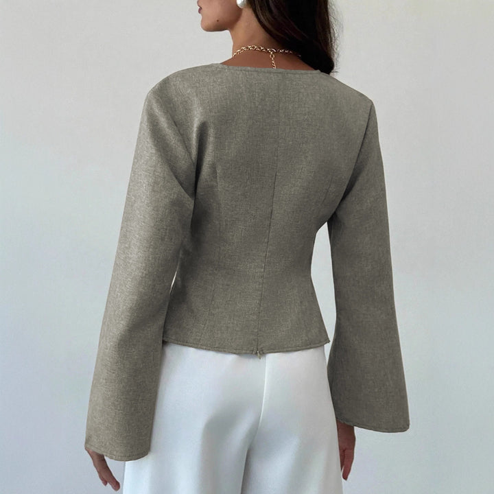 Ladies wrap blouse with tailored draping and flared sleeves Mune Fashion