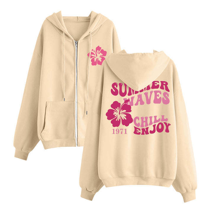 Women's relaxed zip hoodie with tropical hibiscus print, kangaroo pockets, and ribbed cuffs Mune Fashion