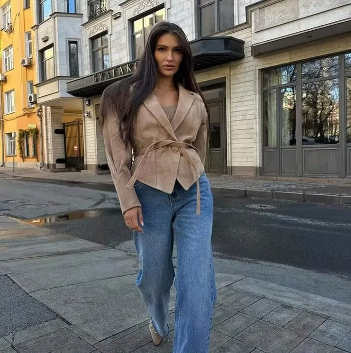Women Suede Wrap Jacket with Waist Belt and Structured Shoulder Details Mune Fashion