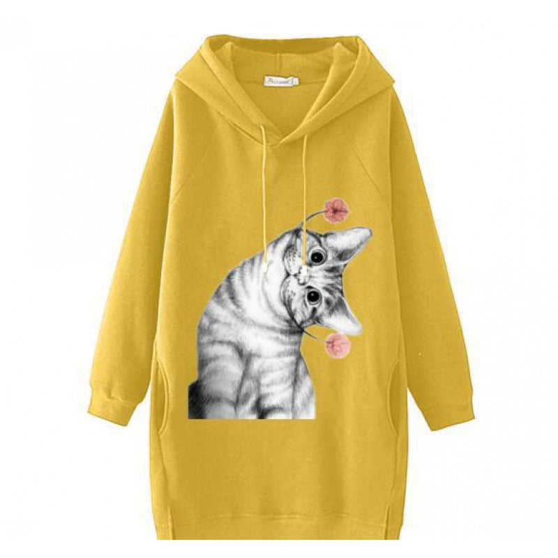Ladies Oversize Hooded Dress made of Sweat Fabric with Large Cat Print and Side Pockets Mune Fashion
