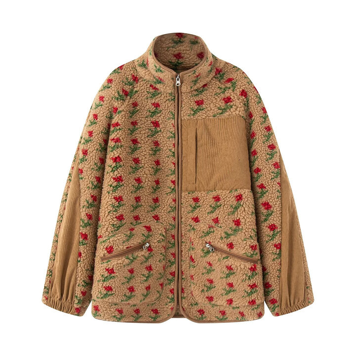 Women's teddy fleece jacket with floral pattern, fine cord inserts, stand-up collar and zip Mune Fashion