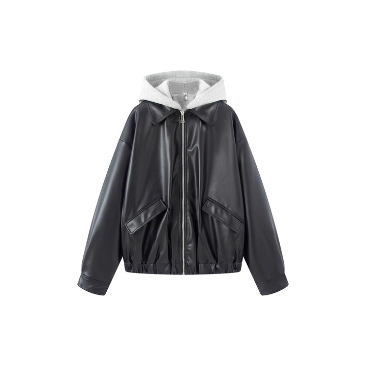 Women Oversize Faux Leather Blouson with Hood Insert and Flap Pockets Mune Fashion