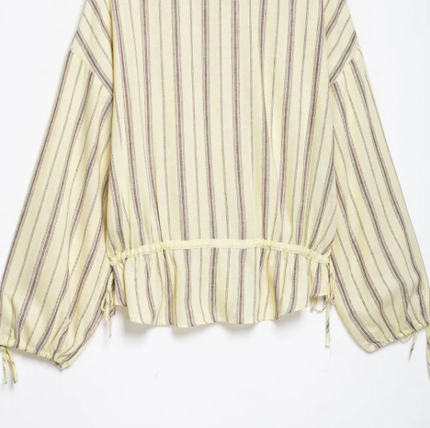 Women's Striped Blouson Jacket with Stand-up Collar, Drawstring Hem and Balloon Sleeves Mune Fashion
