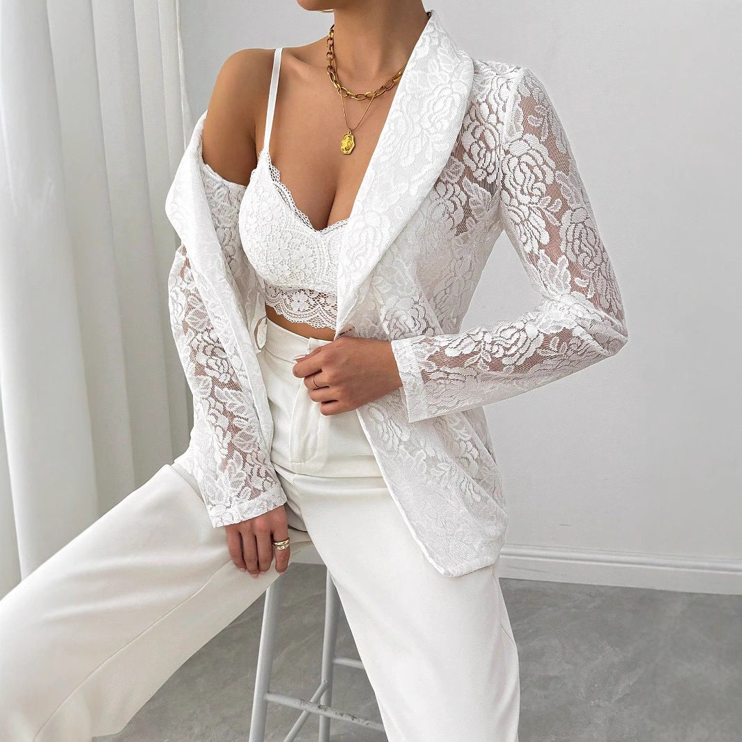 Ladies nan lace blazer with shawl collar and floral transparency Mune Fashion