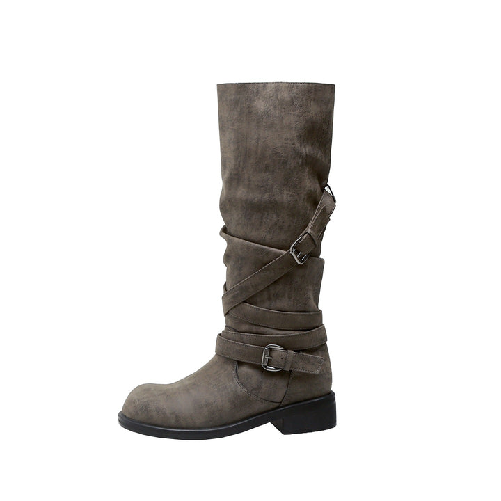 Women’s Knee-High Biker Boots with Wrap Straps and Adjustable Buckles Mune Fashion