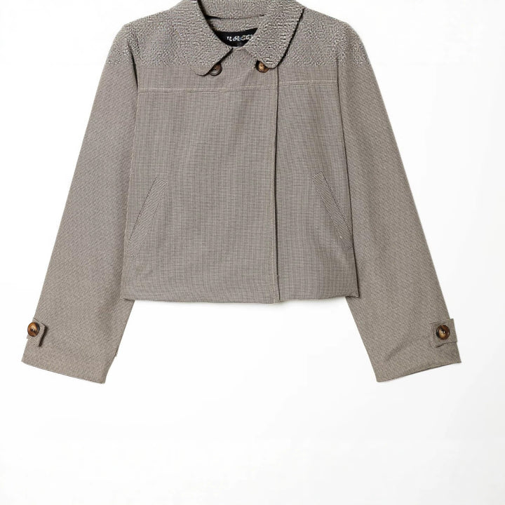Women's cropped jacket in Glencheck with round collar and concealed button placket Mune Fashion