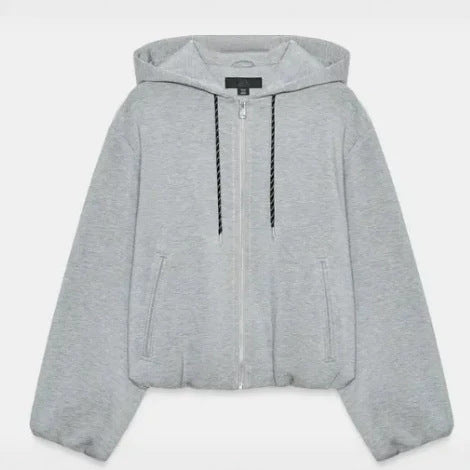 Women's Cropped Hooded Sweat Jacket in Bomber Style with Balloon Sleeves Mune Fashion
