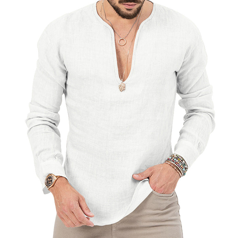 Men's relaxed linen tunic shirt with open slit collar and rounded hem Mune Fashion