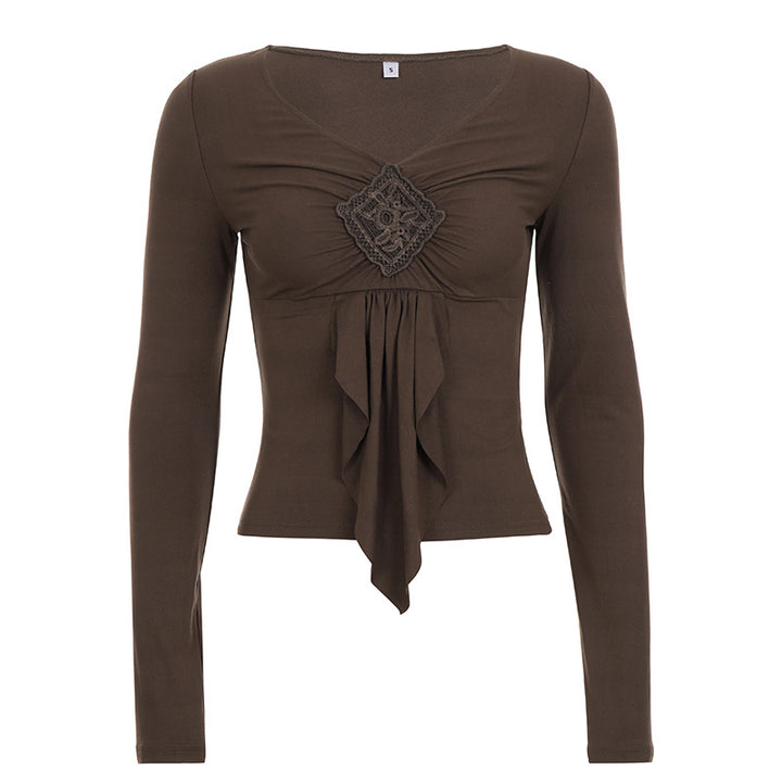 Women's figure-hugging long sleeve shirt with draped front and crocheted central applique Mune Fashion