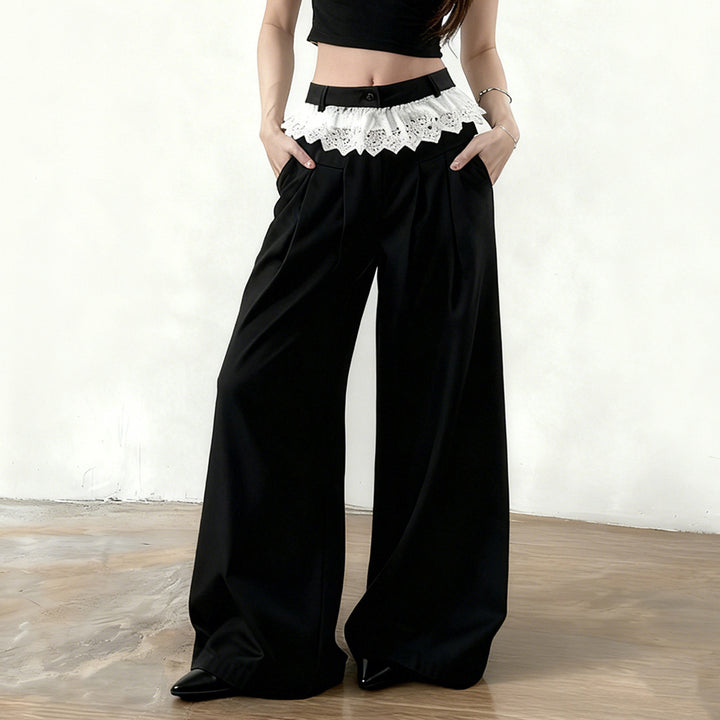 Women's Palazzo Pants with High Waist and Decorative Lace Ruffle Mune Fashion