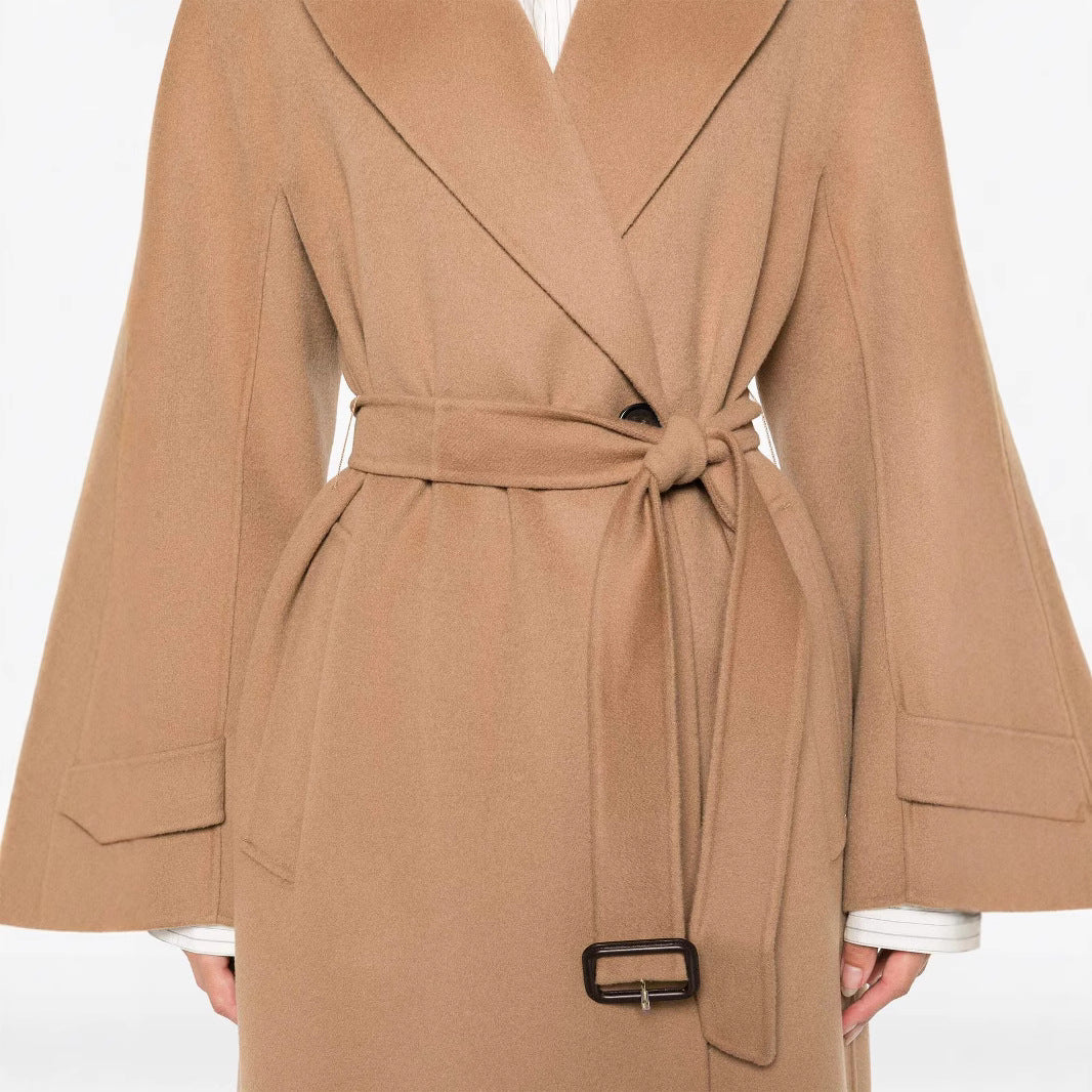Women’s wrap coat made of wool blend with waist belt and oversized shoulder Mune Fashion