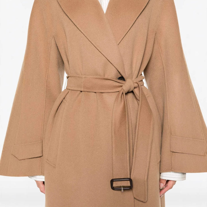 Women’s wrap coat made of wool blend with waist belt and oversized shoulder Mune Fashion