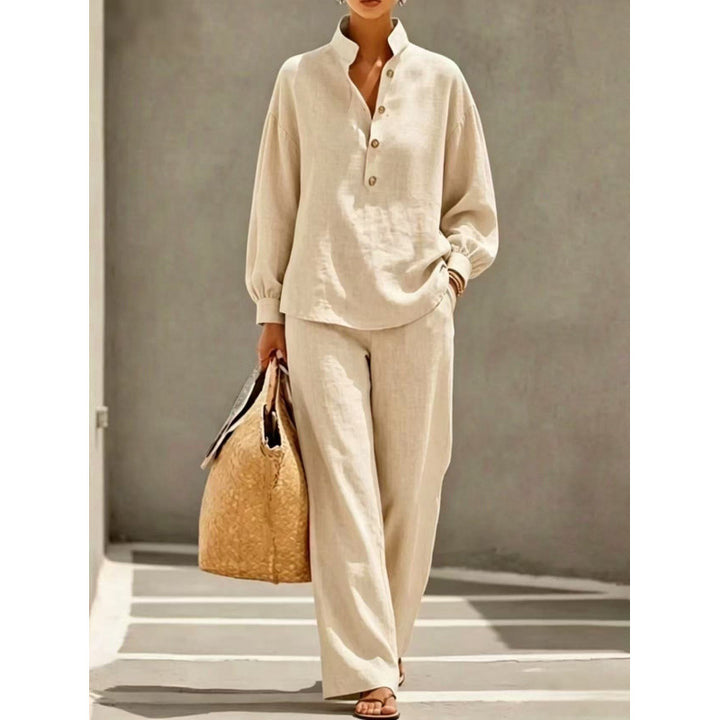 Women's Light Linen Look Two-Piece Set with Stand Collar Henley Blouse and Wide Palazzo Pants Mune Fashion